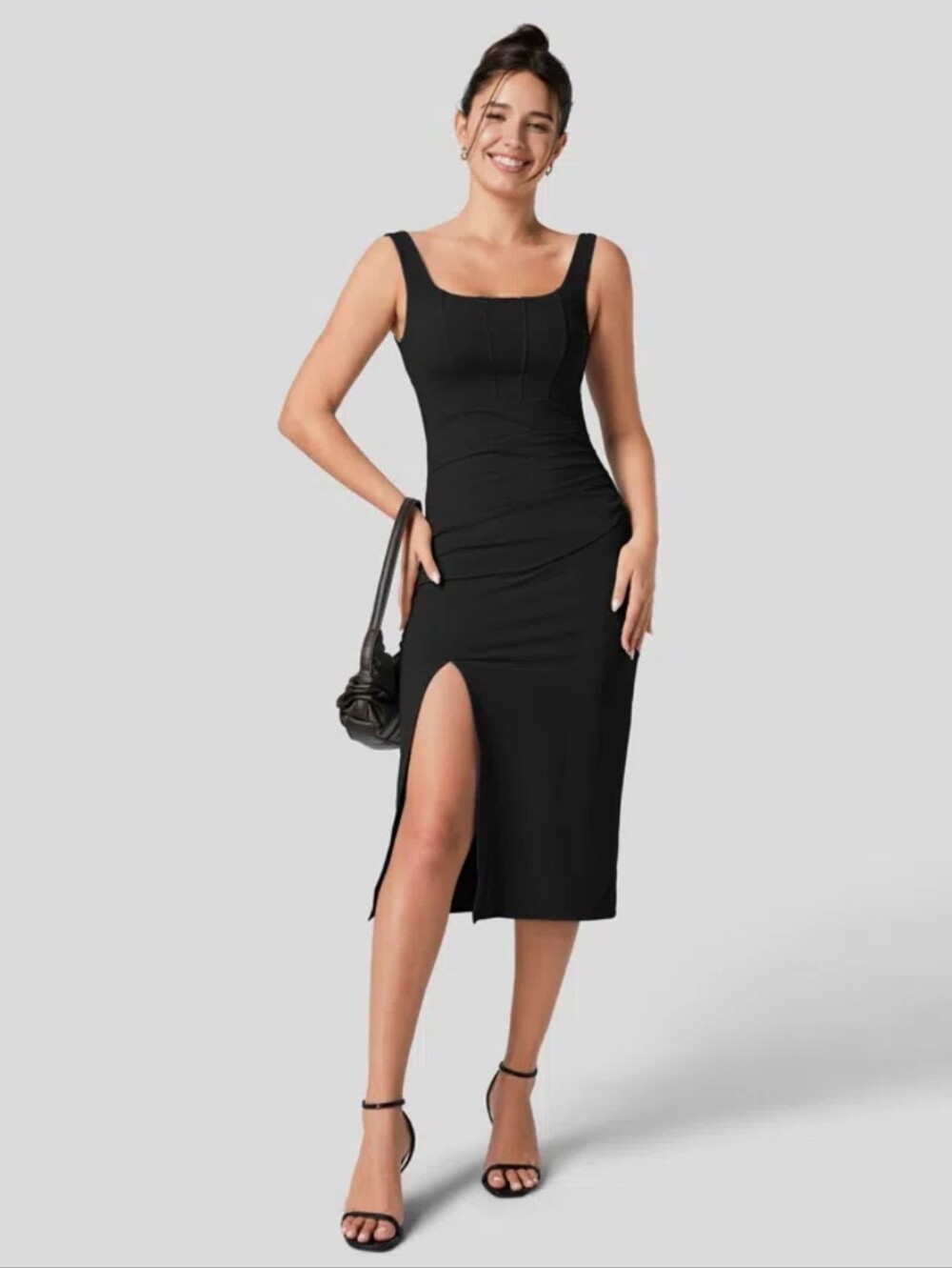NWT Halara | SoftlyZero Airy Square Neck Corset Ruched Split Bodycon Midi Dress